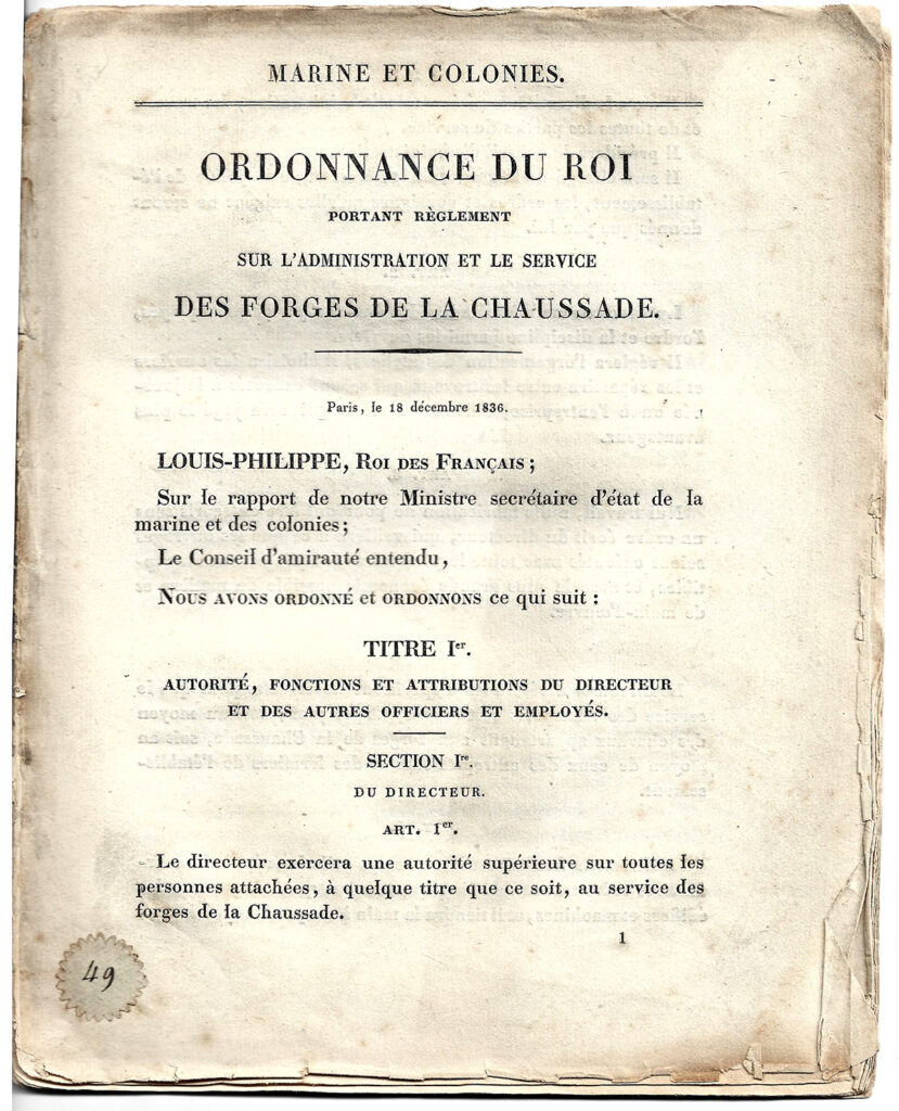 Première page de l’Ordonnance du Roi de 1838