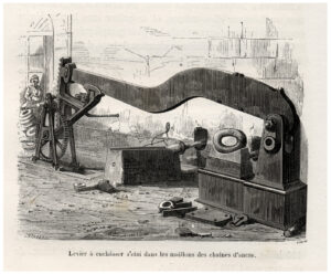 Des chaîniers de Guérigny sur une plaque de bronze. Julien Turgan, Bertrand (?) dessinateur Levier à enchâsser l’étai dans les maillons des chaînes d’ancre dans Les grandes usines Études industrielles en France et à l’étranger, Paris