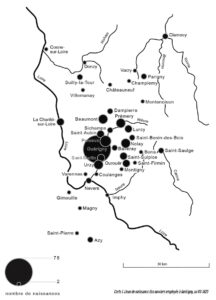 Les ouvriers des forges de Guérigny, An 7 – 1820 partie I. Carte des lieux de naissance des ouvriers employés à Guérigny, an VII-1020.
