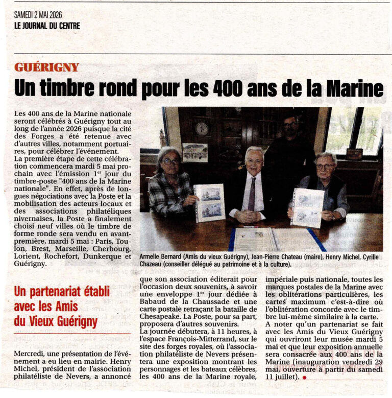 Un timbre pour les 400 ans de la Marine nationale, article du Journal du Centre du samedi 2 mai 2026.